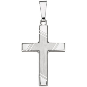 Teilmattierter Kreuzanhänger aus Silber mit mattem Innenteil und schräg angebrachten Grauren an den Balken des Kreuzes.